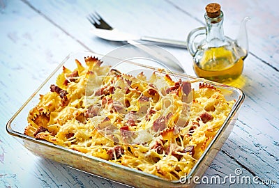 Baked pasta with smoked meat Stock Photo
