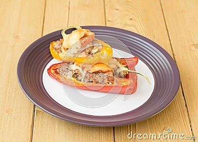 Baked pepper with meat, cheese and tomatoes. Stock Photo