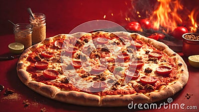 Baked pizza with mozzarella on a red background. Generative Ai. Stock Photo