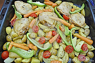 Baked potatoe with chicken, tomato, paprika and carrot Stock Photo