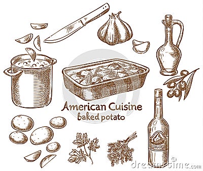 Baked potatoes and ingredients Vector Illustration