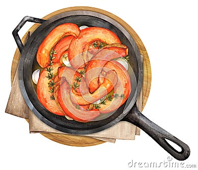 Baked pumpkin slices in a pan with herbs and garlic Cartoon Illustration