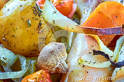 Baked roast chicken legs with various vegetables Stock Photo