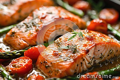 Baked salmon garnished with asparagus and tomatoes with herbs Stock Photo