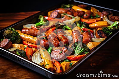 Baked sausage with vegetables on a baking sheet Stock Photo