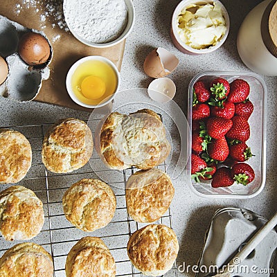 Baked Scone Pastry Eggs Strawberry Concept Stock Photo