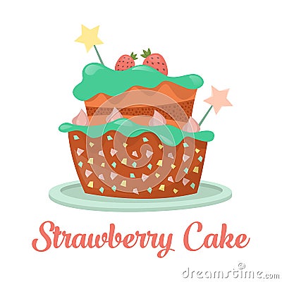 Baked strawberry cake, dessert food Vector Illustration