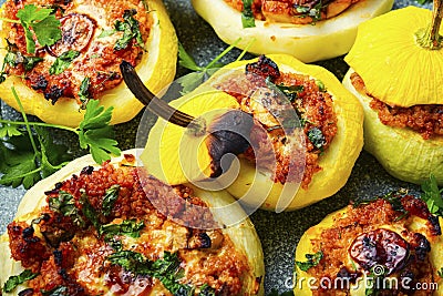 Baked stuffed squash or patisson Stock Photo