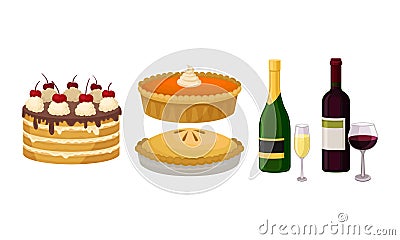 Baked Sweet Pie and Layered Cake with Bottle of Alcoholic Drink Vector Set Vector Illustration