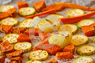 Baked sweet potato, zucchini and carrots Stock Photo