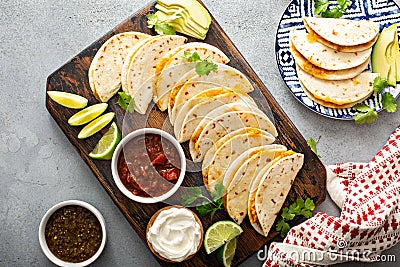 Baked tacos with pulled chicken and cheese Stock Photo