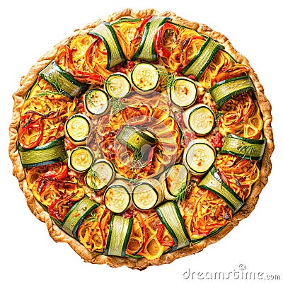 Baked tart with courgettes, peppers and tomatoes in flatlay perspective, isolated. Generative AI Stock Photo