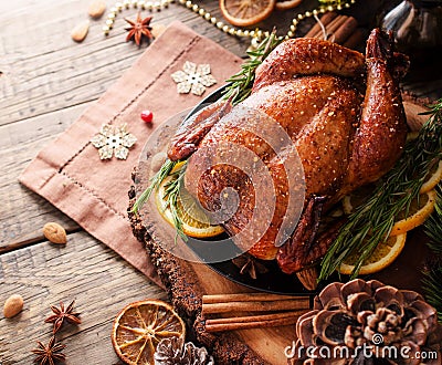 Baked turkey for Christmas Dinner or New Year space for text Stock Photo