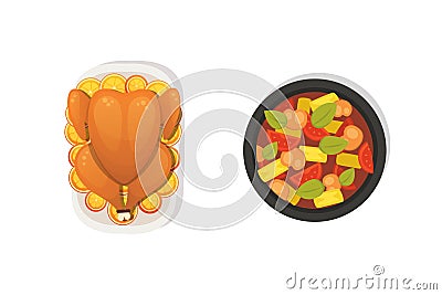 Baked turkey with orange for Thanksgiving Day in cartoon style. outumn food. Vector Illustration