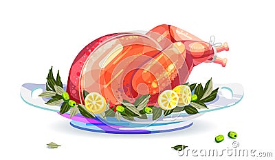 Baked turkey for Thanksgiving Day. Turkey with lemons, leaves and olives on a plate. Vector Illustration