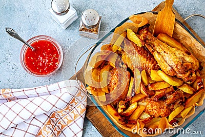 Baked turkey wings with potato pieces in a square baking dish on a gray kitchen table with sauce and spices - photo Stock Photo