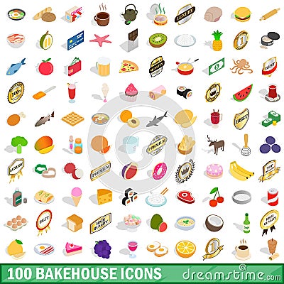 100 bakehouse icons set, isometric 3d style Vector Illustration