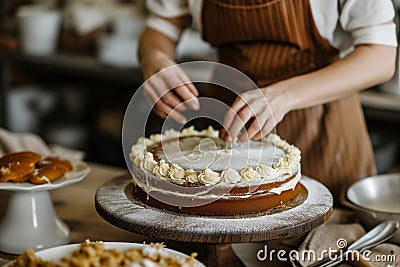 Baker adding frosting to layered cake. Baking a cake at home Stock Photo