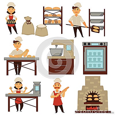 Baker in bakery shop baking bread process vector isolated profession people icons Vector Illustration