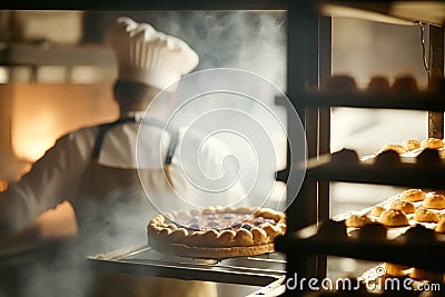 Baker baking fresh bread and pastry in the old town bakery in the morning, hot freshly baked products on shelves and the Stock Photo