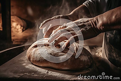 A baker baking traditional, healthy bread in a large oven. Healthy real bread produced using the traditional method. Stock Photo