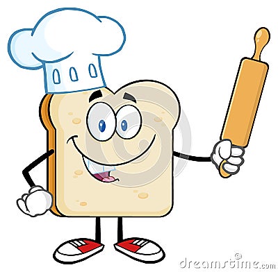 Baker Bread Slice Cartoon Character With Chef Hat Holding A Rolling Pin Vector Illustration