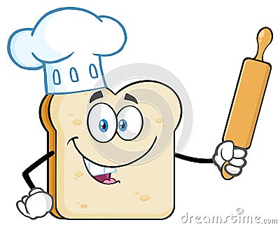 Baker Bread Slice Cartoon Mascot Character With Chef Hat Holding A Rolling Pin Stock Photo