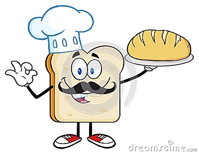 Baker Bread Slice Cartoon Mascot Character With Chef Hat And Mustache Holding A Bread Vector Illustration