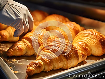 Baker with croissants. Oven-baked croissants on a baking metal tray. Baker checking freshly baked curd bagels or french croissants Stock Photo