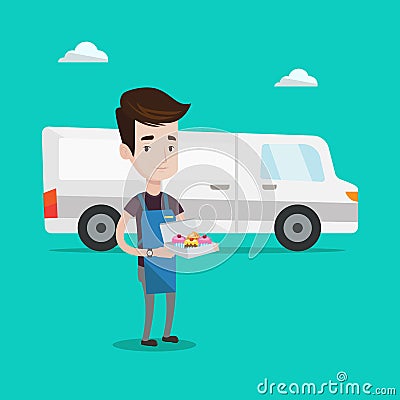 Baker delivering cakes vector illustration. Vector Illustration