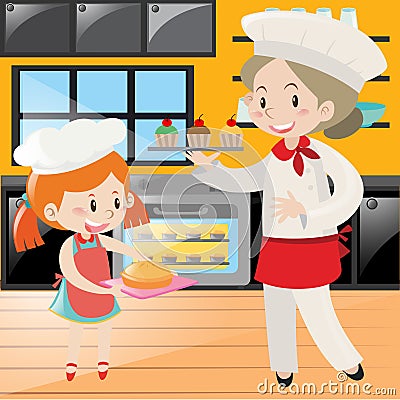 Baker and girl baking in kitchen Vector Illustration