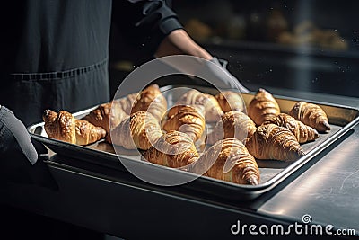 baker holding a metal tray full of fresh croissants illuminated with a lovely light from the window. Ai generative Stock Photo