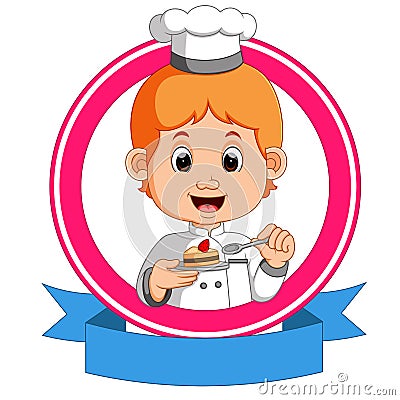Baker holding a tray with a cupcake Vector Illustration