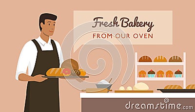 Baker holding a tray with fresh bread Vector Illustration