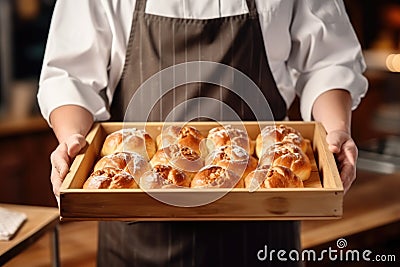 A baker holding a tray of freshly baked buns. Stock Photo