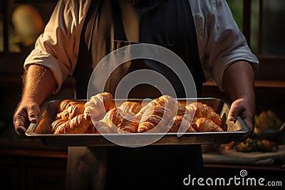 Baker holding a tray full of fresh croissants Stock Photo