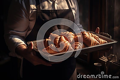 Baker holding a tray full of fresh croissants Stock Photo