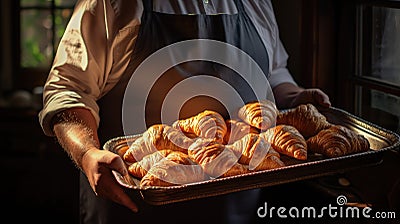 Baker holding a tray full of fresh croissants Stock Photo