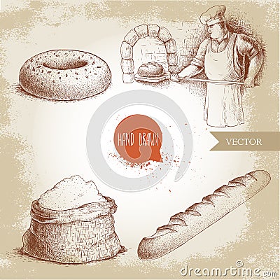 Baker making fresh bread in stone oven, sesame bagel, fresh baguette and flour sack. Vector Illustration