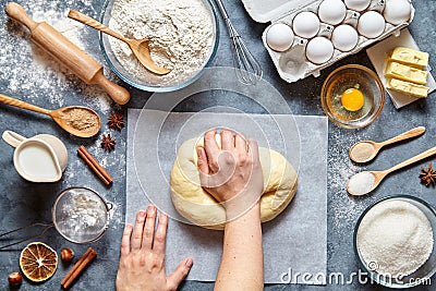 Baker mixing dough bread, pizza or pie recipe ingridients, food flat lay Stock Photo