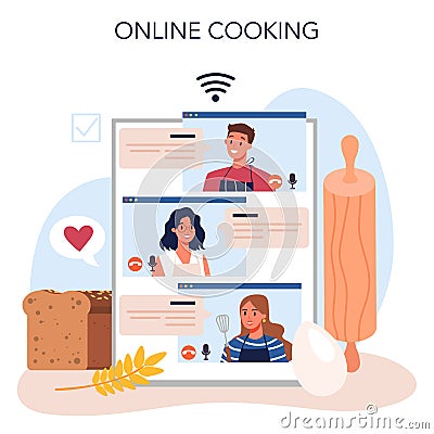 Baker online service or platform. Chef in the uniform baking bread. Vector Illustration