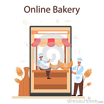 Baker online service or platform. Chef in the uniform baking Vector Illustration
