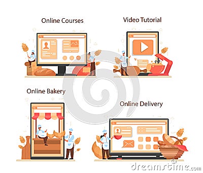 Baker online service or platform set. Chef in the uniform baking Vector Illustration