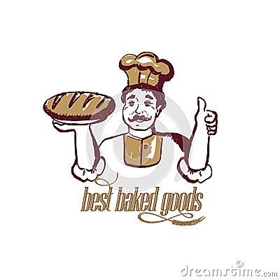 Baker portrait with bread showing thumbs up, best baked goods lettering Vector Illustration