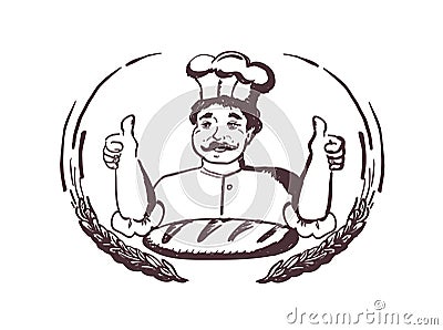 Baker portrait showing thumbs up by two hands, bakery logotype Vector Illustration