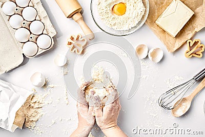 Baker preparing to knead the dough, top view. Cooking, bakery concept Stock Photo