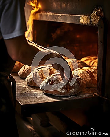 A baker removing some delicious bread from oven - Food design Stock Photo