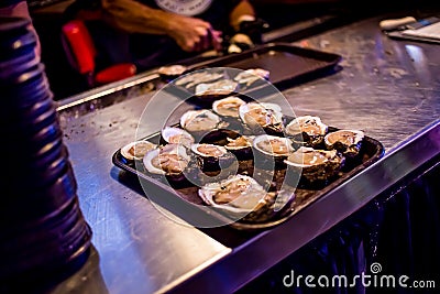 A Baker`s Dozen of Fresh Shucked Raw Oysters Stock Photo