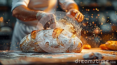 Baker Sprinkling Sugar on a Loaf of Bread Stock Photo