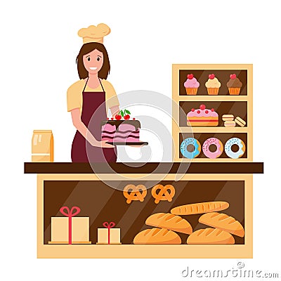 Baker woman in the bakary shop Vector Illustration